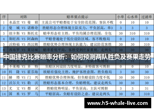 中国捷克比赛赔率分析：如何预测两队胜负及赛果走势