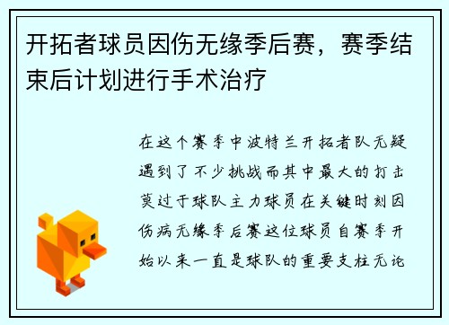 开拓者球员因伤无缘季后赛,赛季结束后计划进行手术治疗